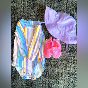 12-18 month girls swimsuit, beach hat, 4T Carters water shoes